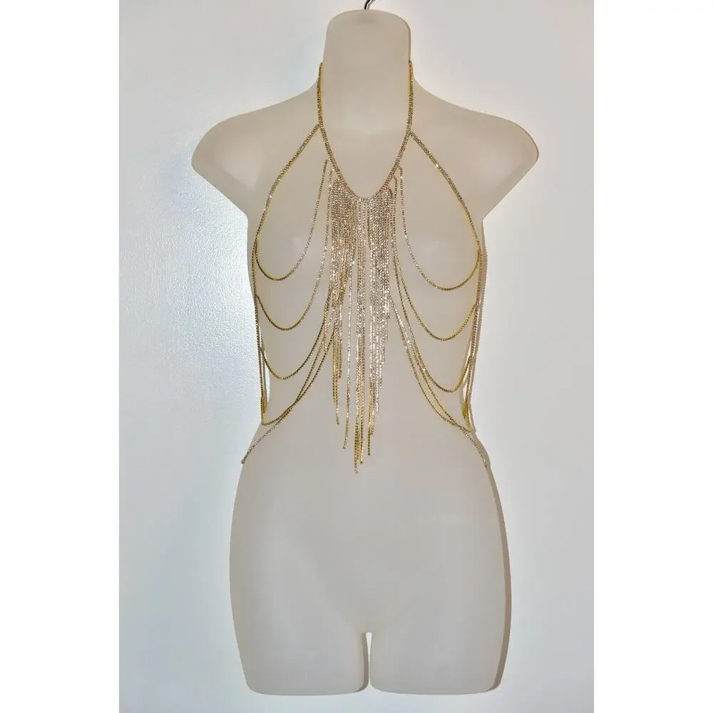 Vintage Body Necklace Top Wrap Rhinestone Crystal Gold Tone Fringe Chain Belt